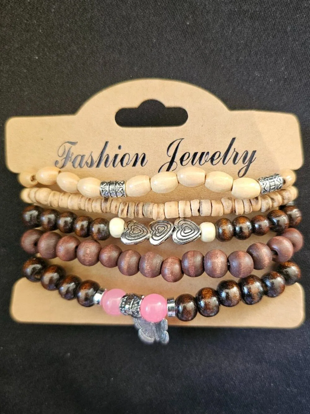 🤎Boho Wood Beaded Stretch Bracelet Set – 5-Piece Layered Stack  🦋💖